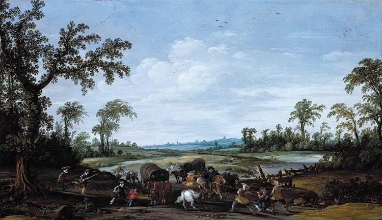 Bandits Attacking a Caravan of Travellers, c.1628 - Эсайас ван де Вельде