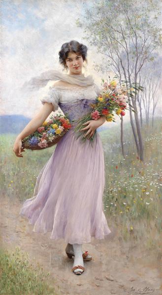 Girl in a Lilac-Coloured Dress with Bouquet of Flowers - Eugen de Blaas