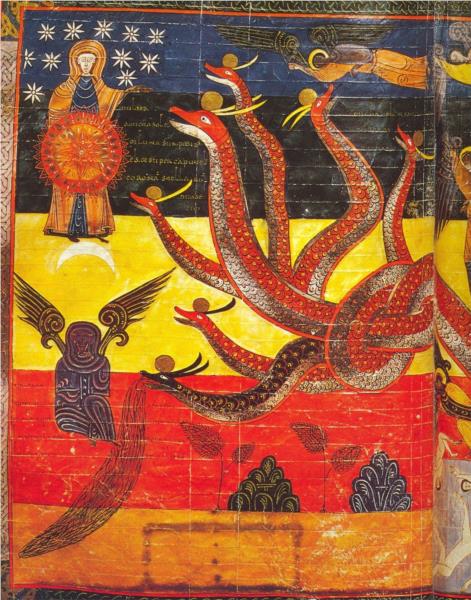 La Femme et le Dragon (détail f° 186v). Apoc. XI - Facundus