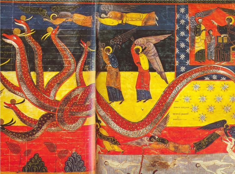 La Femme et le Dragon (Vue partielle de la double page). Apoc. XI - Facundus