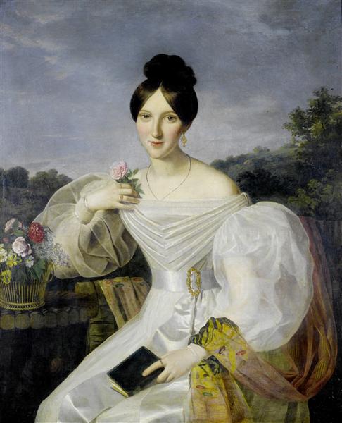 A lady in a white dress and shawl before a Viennese landscape - Ferdinand Georg Waldmüller