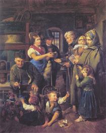 A traveling family of beggars is rewarded by poor peasants on Christmas Eve - Ferdinand Georg Waldmüller