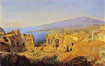 The ruin of the Greek theater in Taormina, Sicily - Фердинанд Георг Вальдмюллер