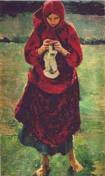 Peasant Girl Knitting a Stocking - Philippe Maliavine