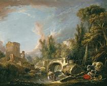 River Landscape with Ruin and Bridge - François Boucher