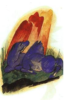 Two Blue Horses in Front of a Red Rock - Franz Marc