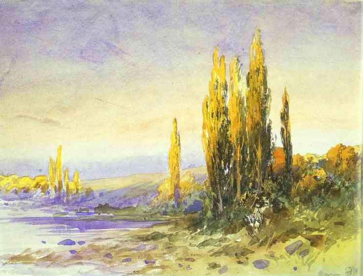 Lombardy Poplars on the Bank of a Lake. Evening - Fyodor Vasilyev