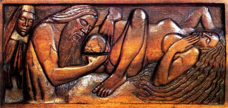 Birth, wooden bed panel, 1894 - Жорж Лякомб