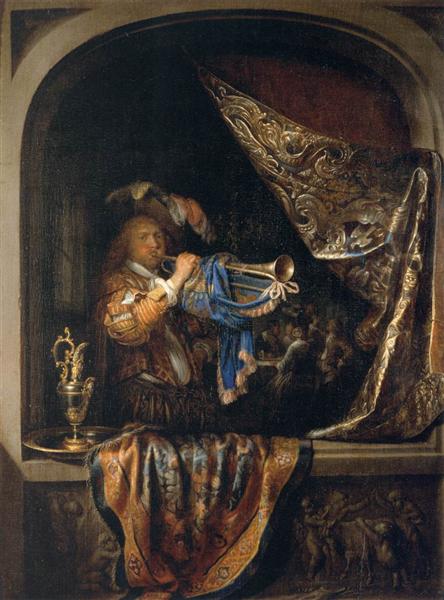 Trumpet Player in front of a Banquet, 1660 - 1665 - Gerrit Dou