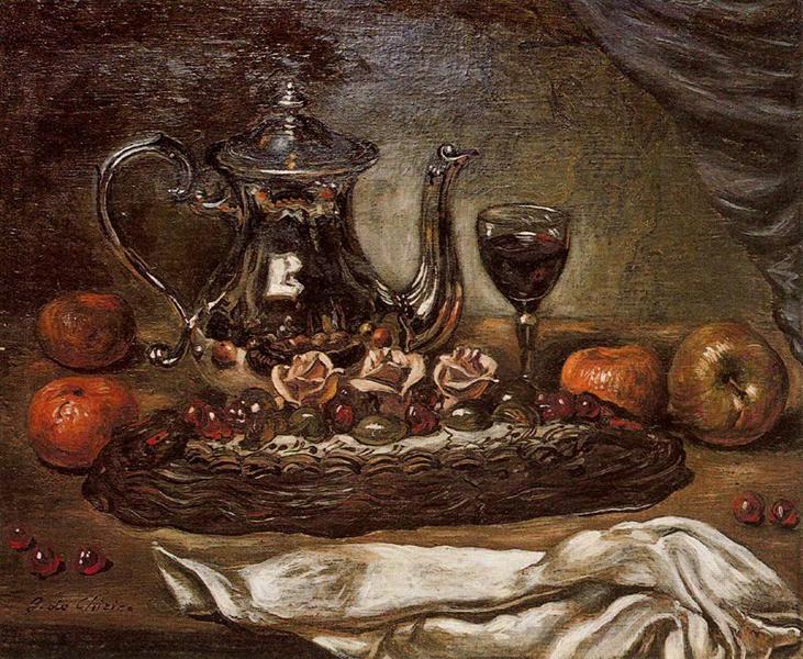 Silver teapot and cake on a plate - Giorgio de Chirico