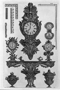 A table with the vessel wall rostrata, four clocks, two decorative vases, ornaments - Giovanni Battista Piranesi