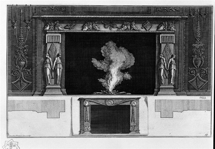 Fireplace with a frieze of masks, winged figures at the hips; other way smaller inferiorly - Giovanni Battista Piranesi