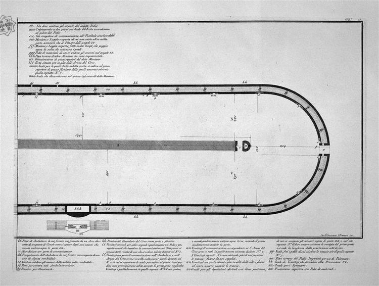 Ground plan of the Circus of Caracalla in today Capena outside the Porta S. Sebastian, in the two boards meet together - 皮拉奈奇