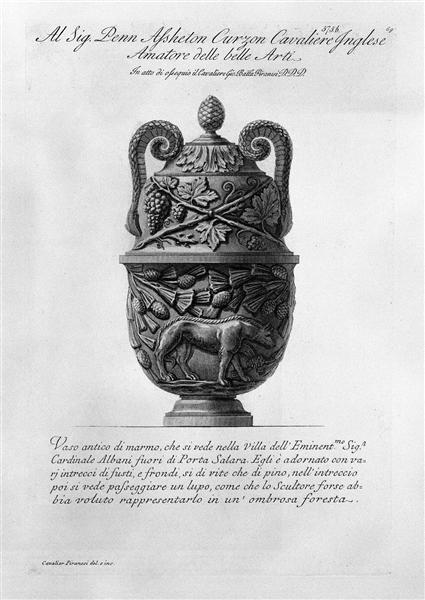 ntique vase of marble with intertwining vines and pine and the figure of a wolf - Giovanni Battista Piranesi