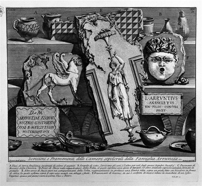 The Roman antiquities, t. 2, Plate XIV. Inscriptions and fragments of the burial chambers of the Family Arrunzia (figures carved from Barbault)., 1756 - Giovanni Battista Piranesi