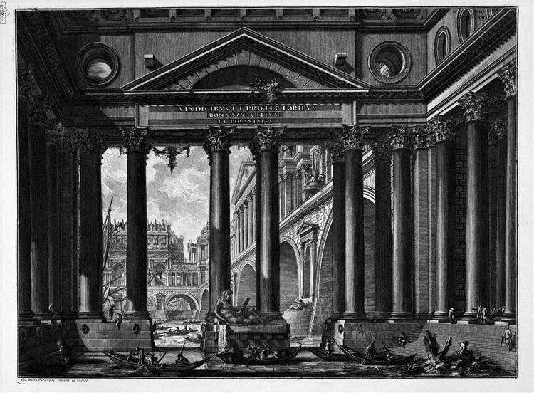 The Roman antiquities, t. 4, Plate II. According to the title. On the bank of a river a great colonnade through which you can see a bridge and monumental buildings of the opposite bank. - Джованни Баттиста Пиранези