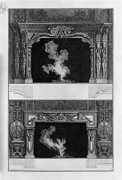 Two fireplaces overlapping: the tragic masks with 3 inf Joined torches, with the support 4 caryatids sorreggenti bucranes - Джованни Баттиста Пиранези
