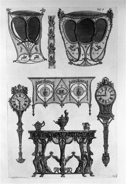 Two sides of sedan chairs, two tables to the wall, two clocks, three coffee makers, a frieze - Giovanni Battista Piranesi