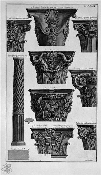 Various capitals, column (Villa Albani, St. Clement, St. Cosmas, etc.) - Giovanni Battista Piranesi