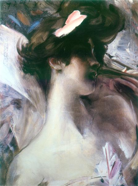 Young woman's head on a pink background, 1912 - Джованні Болдіні