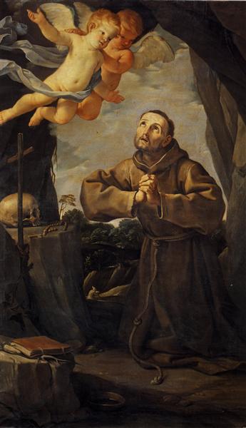 St Francis in prayer with Two Angels, 1631 - Гвідо Рені