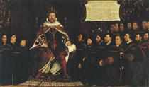 Henry VIII handing over a charter to Thomas Vicary, commemorating the joining of the Barbers and Surgeons Guilds - Hans Holbein, o Jovem