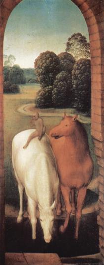 Allegorical representation of two horses and a monkey - Hans Memling