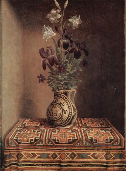 Still Life with a Jug with Flowers. The reverse side of the Portrait of a Praying Man, c.1480 - Hans Memling