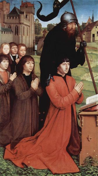Triptych of Willem Moreel, left wing, the founder Willem Moreel, his sons and St. William of Maleval, 1484 - Hans Memling