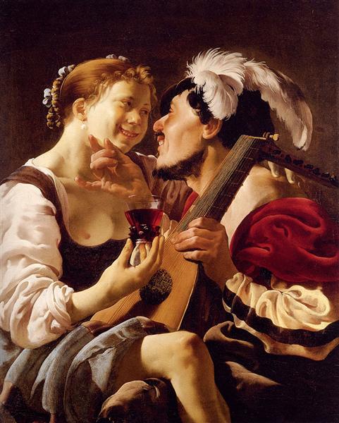 A Luteplayer Carousing With A Young Woman Holding A Roemer - Hendrick ter Brugghen