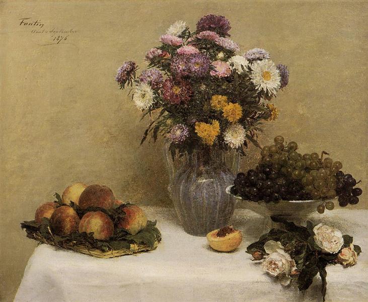 White Roses, Chrysanthemums in a Vase, Peaches and Grapes on a Table with a White Tablecloth, 1876 - 方丹‧拉圖爾