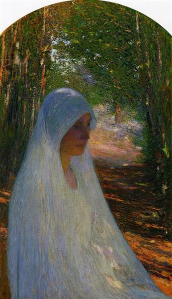 Young Woman Veiled in White in a Forest - Анри Мартен