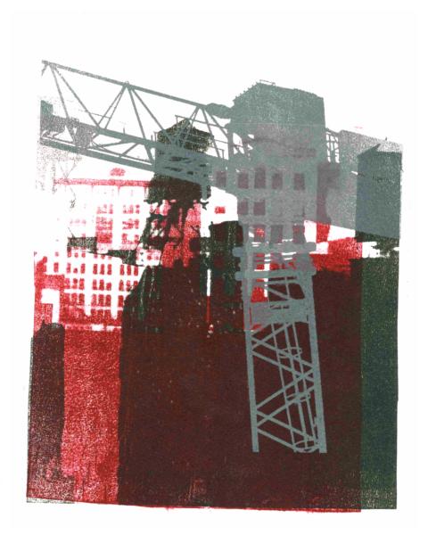 'Gray building crane and watertowers in Manhattan' - mono-print art, 2010; Dutch artist, Hilly van Eerten, 2010 - Hilly van Eerten