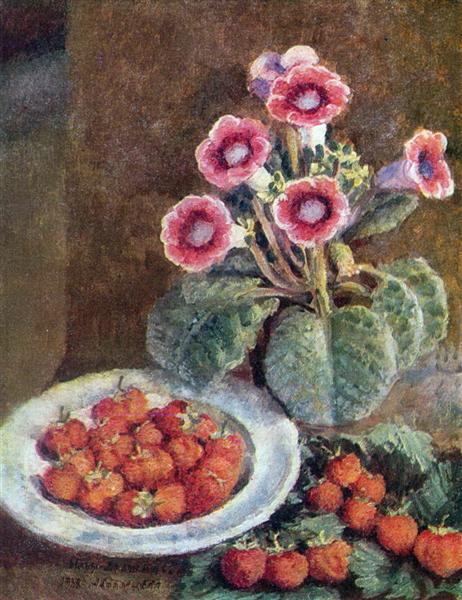 A flower in a pot and strawberries, 1938 - Ilya Mashkov