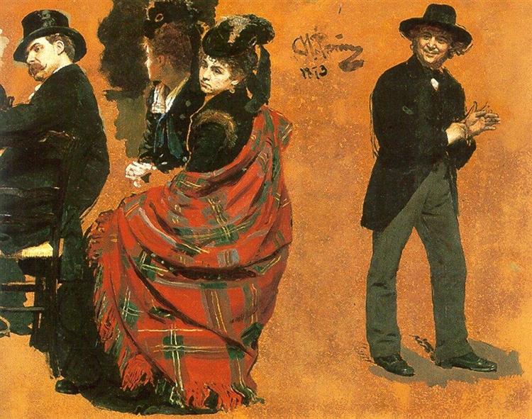 Мужчина и женщина за столиком. Мужчина, натягивающий перчатку, 1873 - Илья Репин