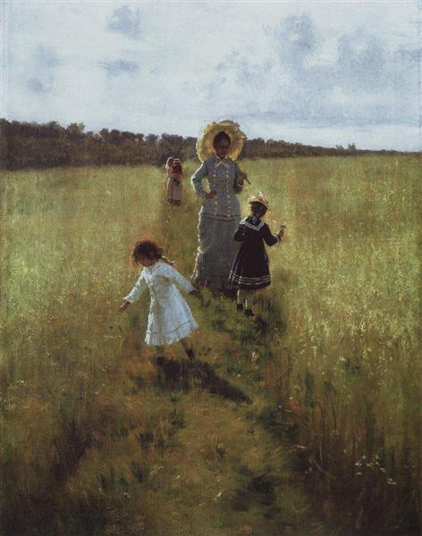 На меже. В.А.Репина с детьми идет по меже, 1879 - Илья Репин