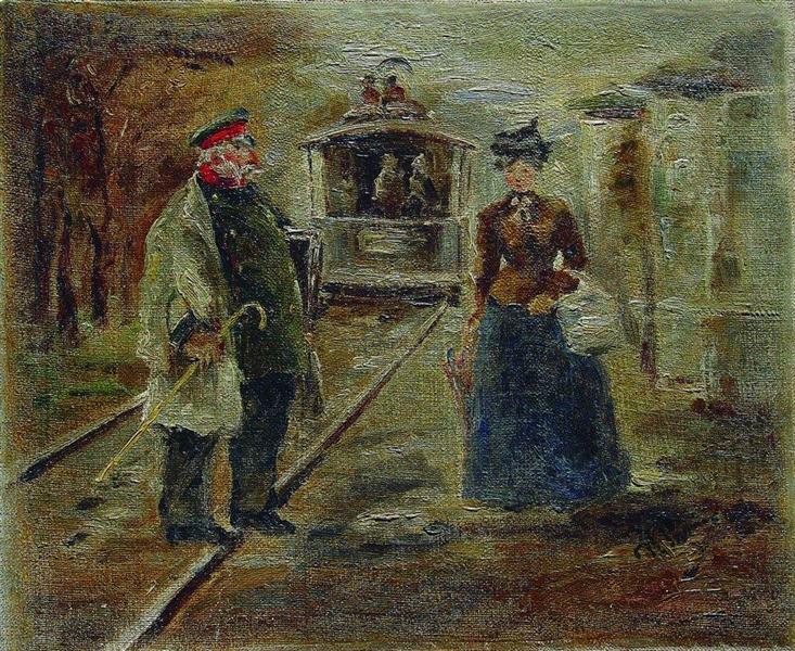 On the platform of the station. Street scene with a receding carriage - Ілля Рєпін