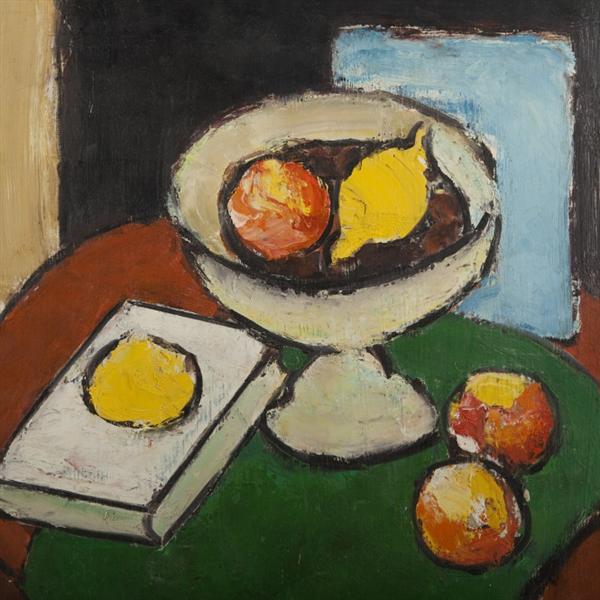 Still Life with Fruit Stand, Book and Fruit - Ion Pacea