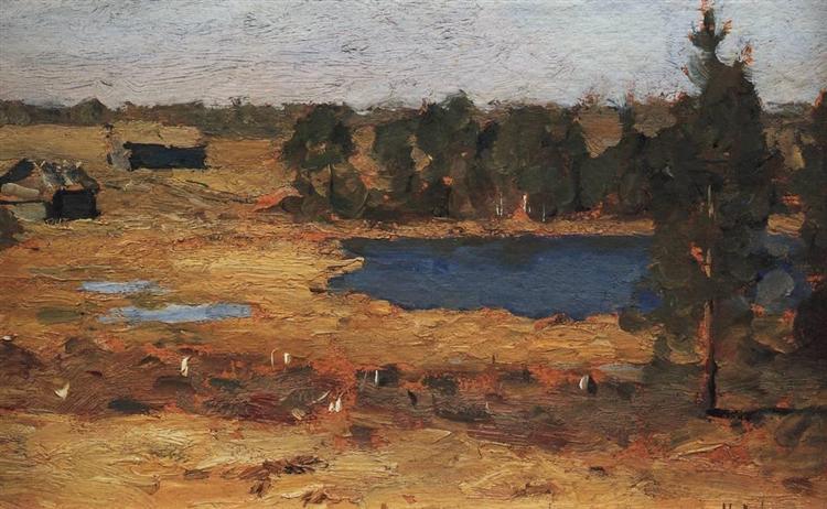 Озеро. Сараи у лесной опушки., c.1899 - Исаак Левитан