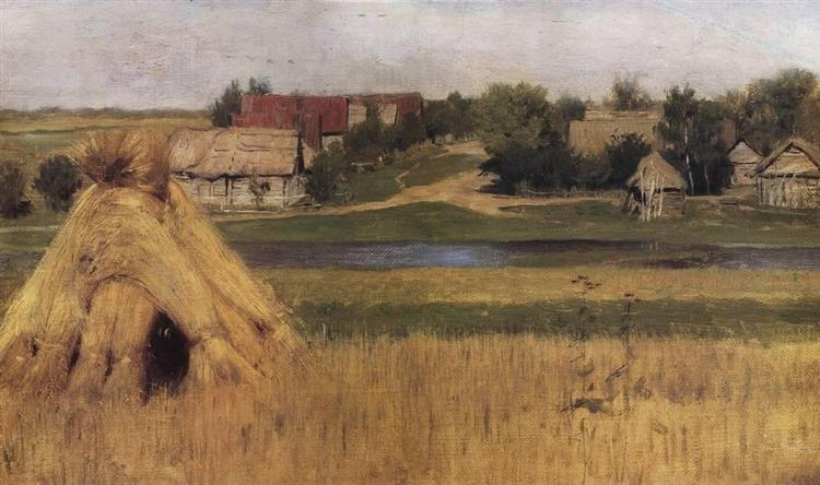 Снопы и деревня за рекой, c.1881 - Исаак Левитан