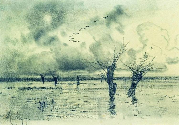 Spring. Cranes flying., c.1885 - 艾萨克·伊里奇·列维坦