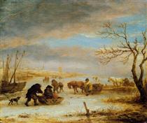 Frozen Ice Landscape with Carriages and Boats - Isaak van Ostade
