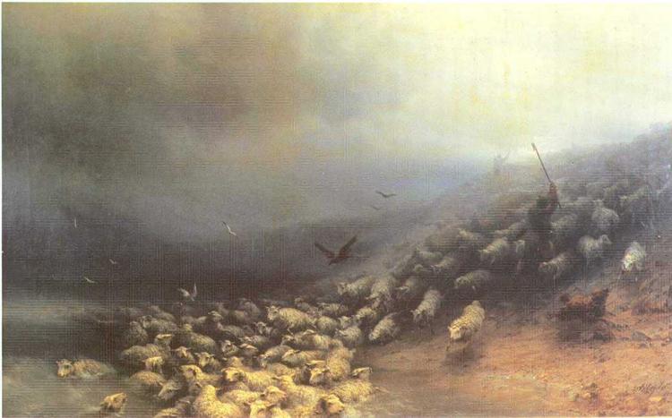 Flock of sheep at gale, 1861 - Iván Aivazovski