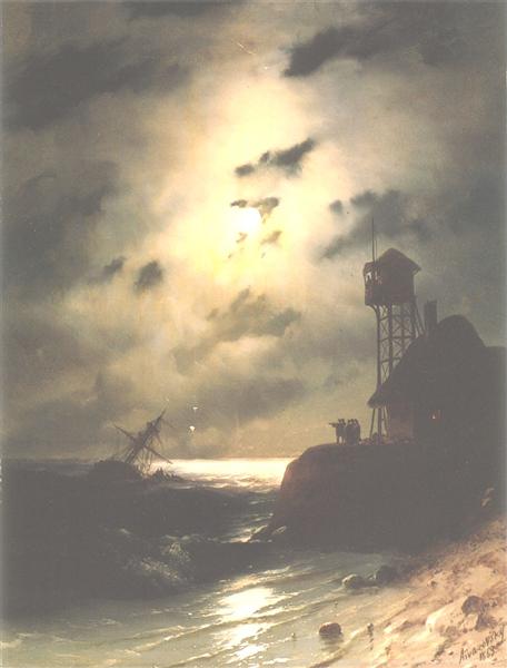 Морской пейзаж с обломками корабля под лунным светом, 1863 - Иван Айвазовский