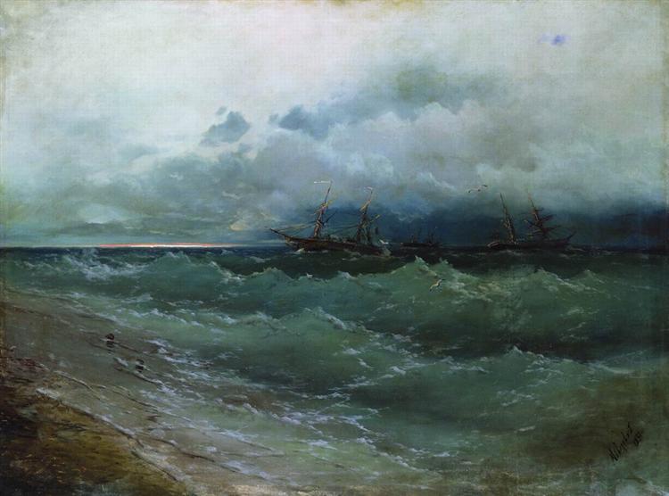 Ships in the stormy sea. Sunrise, 1871 - Ivan Konstantinovich Aivazovskii