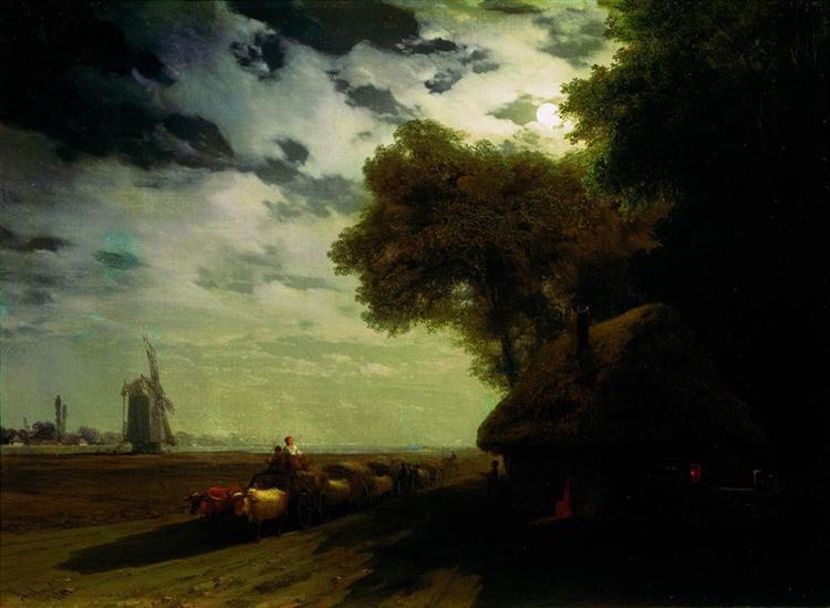 Ukrainian landscape with chumaks in the moonlight, 1869 - Iván Aivazovski