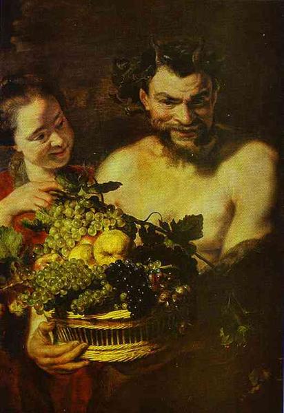 Satyr and Girl with a Basket of Fruit - Jacob Jordaens