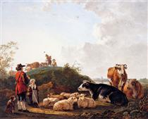 Herdsman with resting cattle - Jacob van Strij