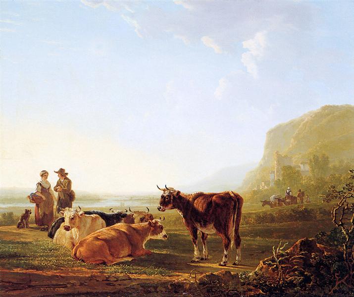 Landscape with resting cows - Якоб ван Стрий