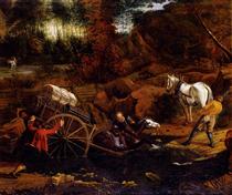 Figures With A Cart And Horses Fording A Stream - Ян Сиберехтс